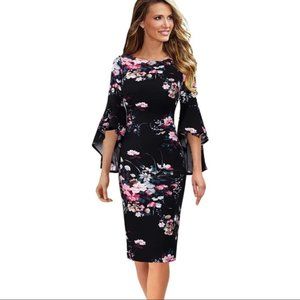 Black Floral Flutter Sleeve Midi Dress M NWT
